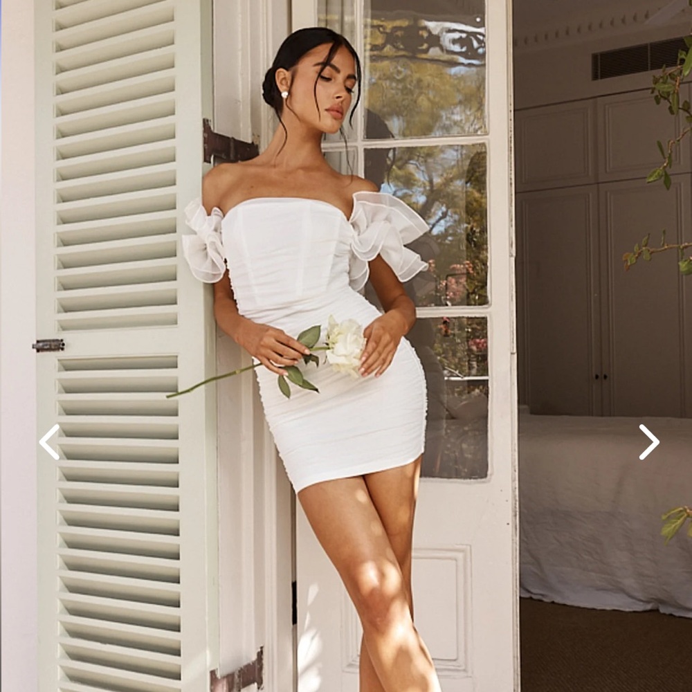 Selfie Leslie White Ruched Off-Shoulder Mini Dress